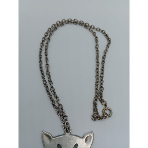 Vintage Pewter Smiling Cat Pendant 18" Chain Necklace - Picture 4 of 7